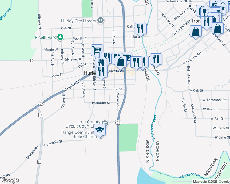map of restaurants, bars, coffee shops, grocery stores, and more near 303 Iron Street in Hurley