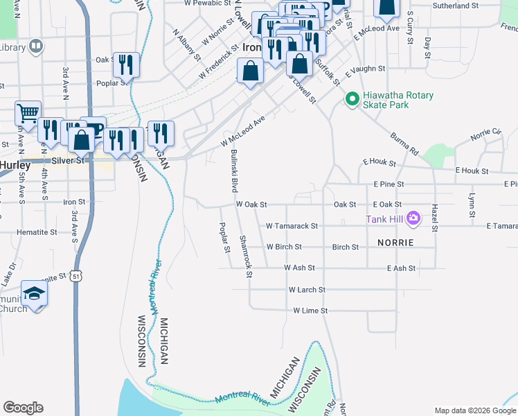 map of restaurants, bars, coffee shops, grocery stores, and more near 100 Taylor Street in Ironwood