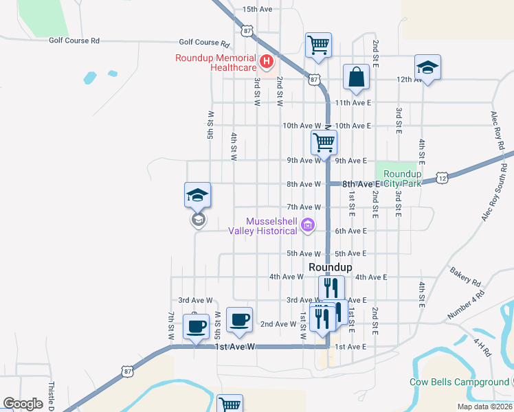 map of restaurants, bars, coffee shops, grocery stores, and more near 700 3rd Street West in Roundup