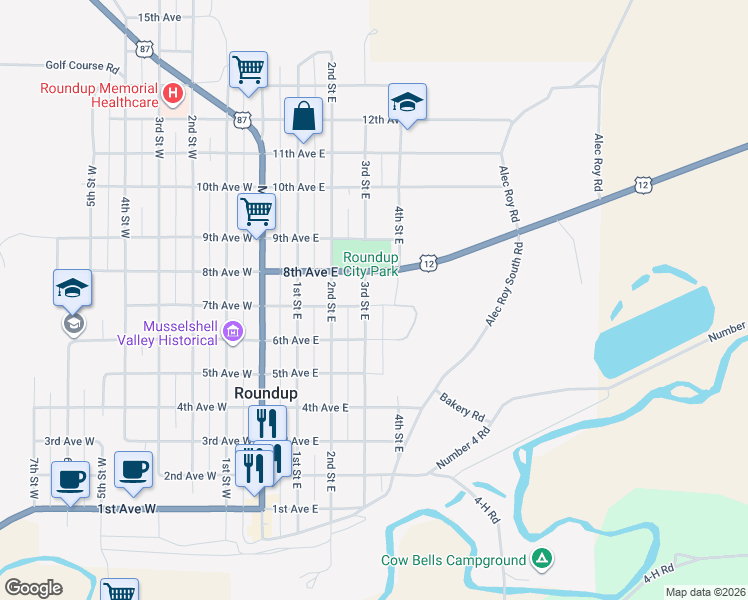 map of restaurants, bars, coffee shops, grocery stores, and more near 610 3rd Street East in Roundup