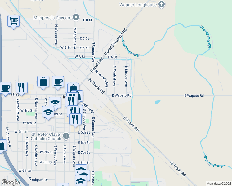map of restaurants, bars, coffee shops, grocery stores, and more near 421 North Central Avenue in Wapato