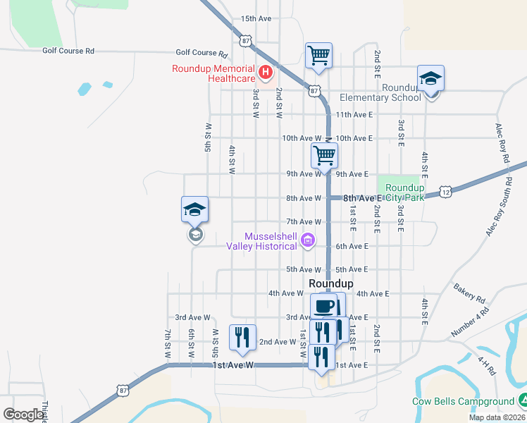 map of restaurants, bars, coffee shops, grocery stores, and more near 700 3rd Street West in Roundup