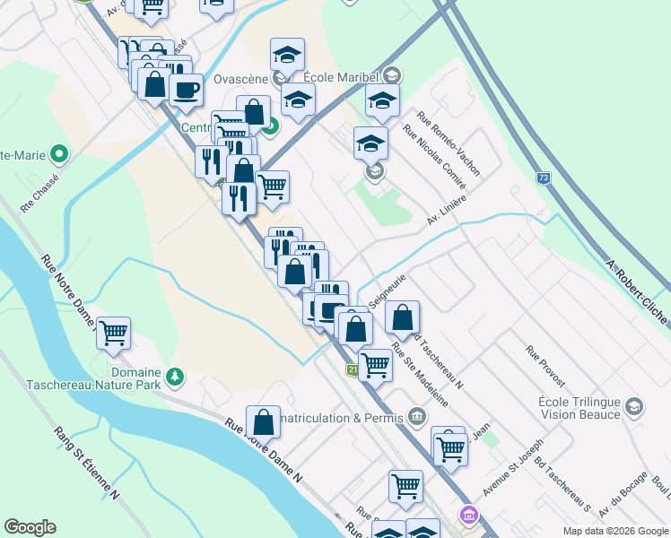map of restaurants, bars, coffee shops, grocery stores, and more near 675 Avenue Linière in Sainte-Marie