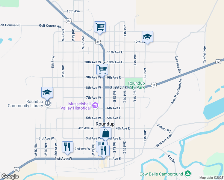 map of restaurants, bars, coffee shops, grocery stores, and more near 10 9th Avenue West in Roundup