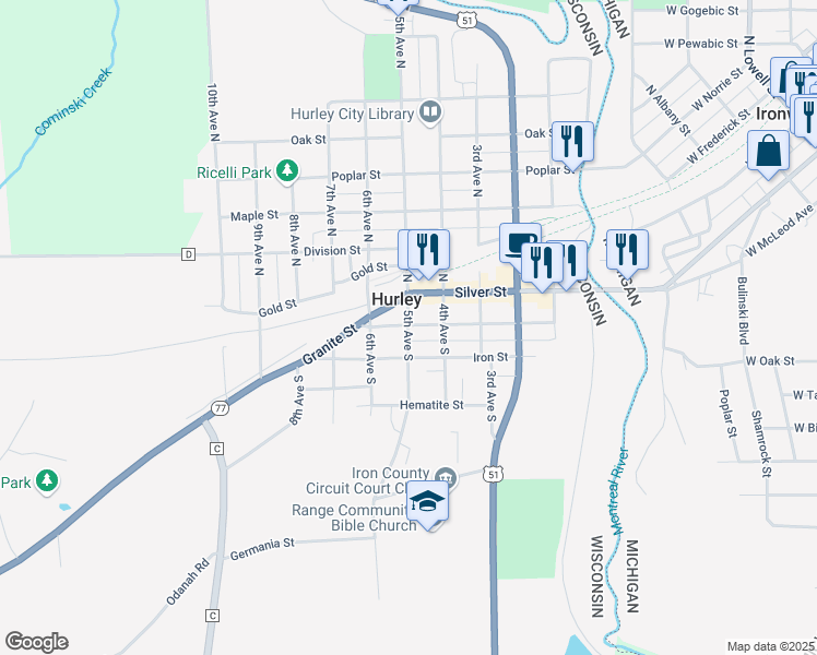 map of restaurants, bars, coffee shops, grocery stores, and more near 205 5th Avenue South in Hurley