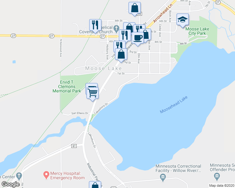 map of restaurants, bars, coffee shops, grocery stores, and more near 180 Lakeshore Drive in Moose Lake