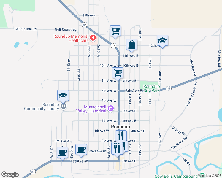 map of restaurants, bars, coffee shops, grocery stores, and more near 21 8th Avenue West in Roundup