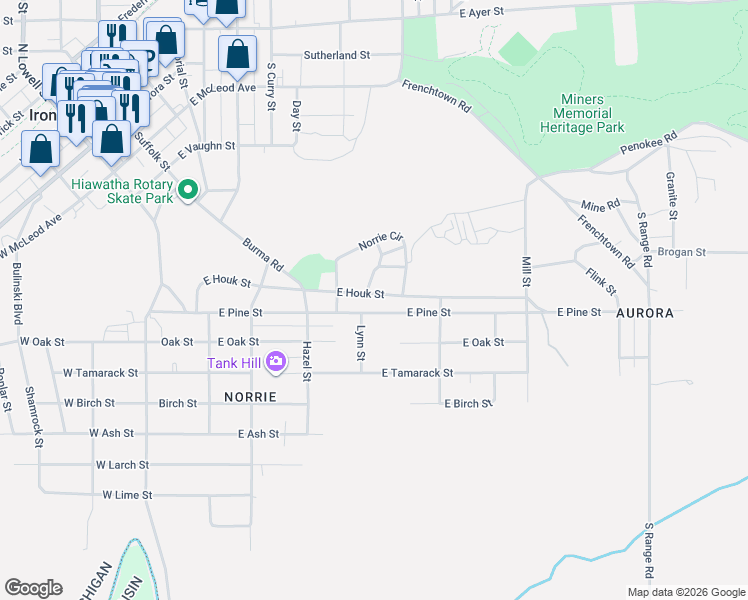 map of restaurants, bars, coffee shops, grocery stores, and more near 400-424 East Pine Street in Ironwood