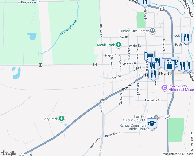 map of restaurants, bars, coffee shops, grocery stores, and more near 1007 Gold Street in Hurley