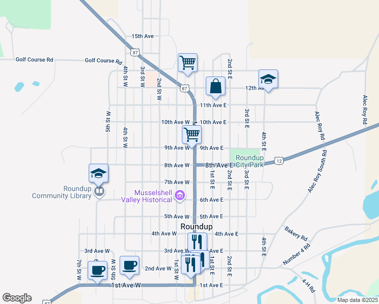 map of restaurants, bars, coffee shops, grocery stores, and more near 10 9th Avenue West in Roundup