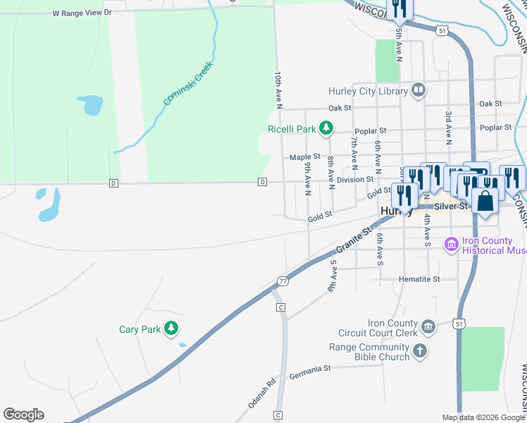 map of restaurants, bars, coffee shops, grocery stores, and more near 1007 Gold Street in Hurley