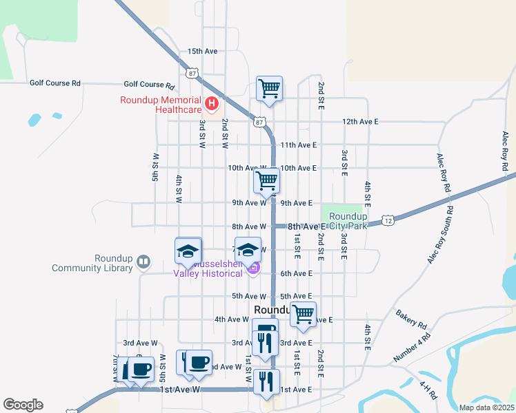 map of restaurants, bars, coffee shops, grocery stores, and more near 21 8th Avenue West in Roundup