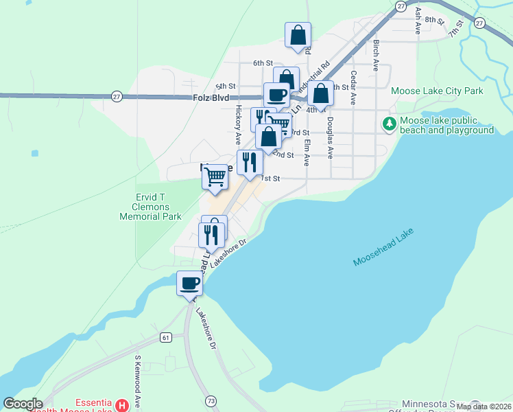 map of restaurants, bars, coffee shops, grocery stores, and more near 180 Lakeshore Drive in Moose Lake