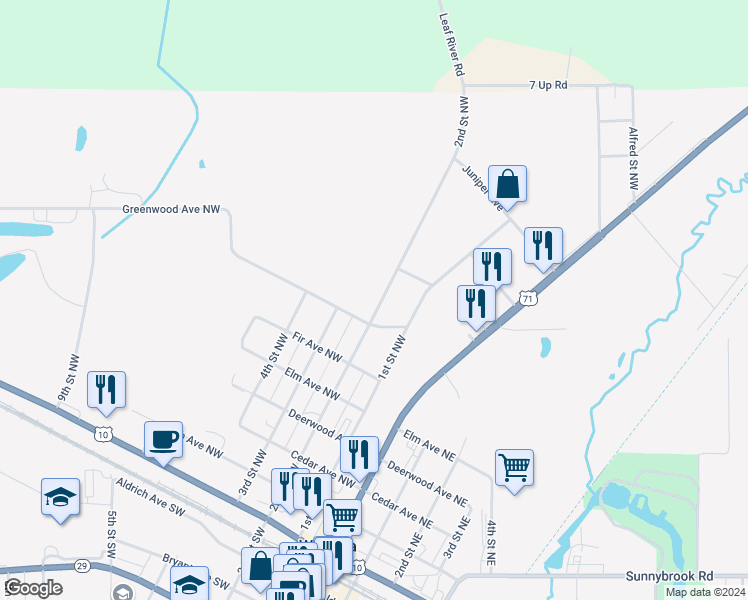 map of restaurants, bars, coffee shops, grocery stores, and more near 803 2nd Street Northwest in Wadena