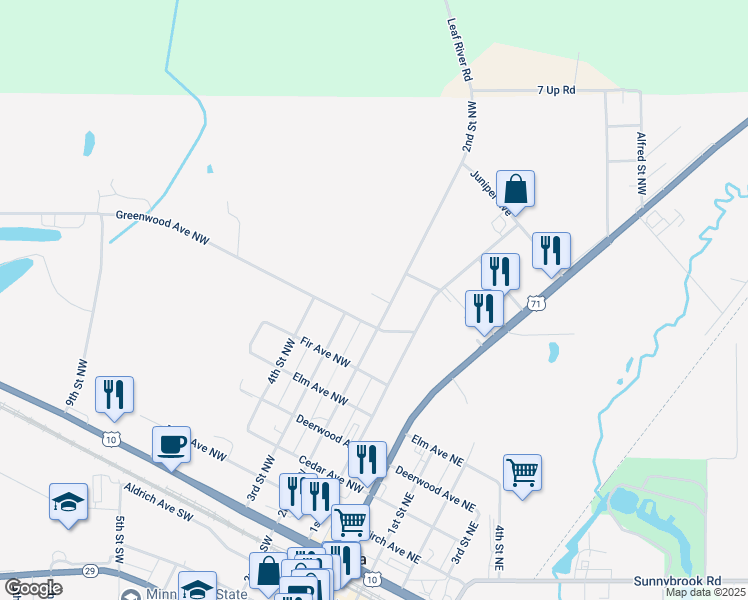 map of restaurants, bars, coffee shops, grocery stores, and more near 803 2nd Street Northwest in Wadena