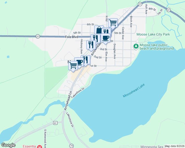 map of restaurants, bars, coffee shops, grocery stores, and more near 136 Lakeshore Drive in Moose Lake