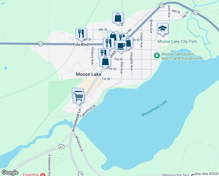 map of restaurants, bars, coffee shops, grocery stores, and more near 136 Lakeshore Drive in Moose Lake