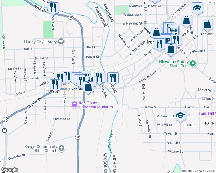 map of restaurants, bars, coffee shops, grocery stores, and more near 413 Cedar Street in Ironwood