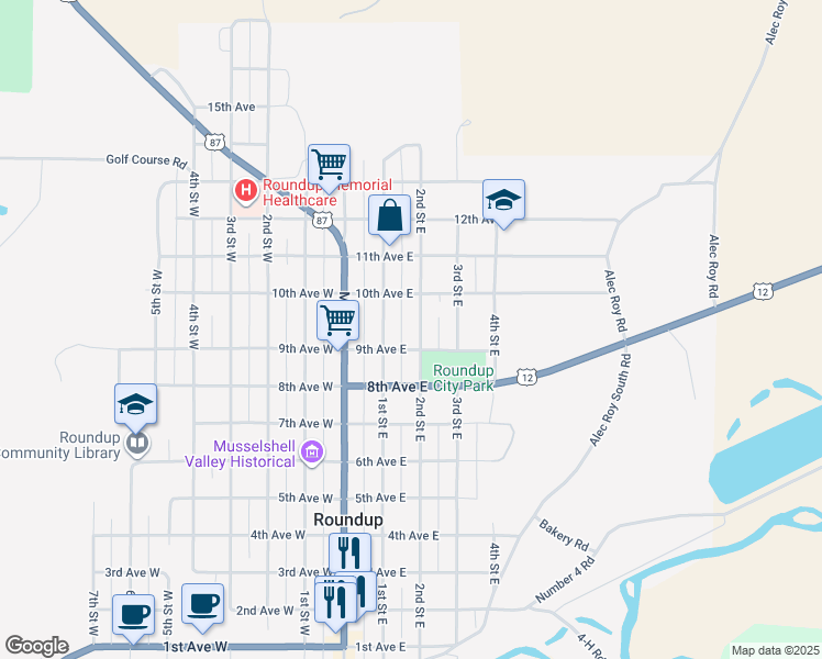 map of restaurants, bars, coffee shops, grocery stores, and more near in Roundup
