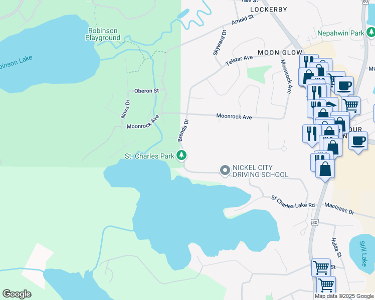 map of restaurants, bars, coffee shops, grocery stores, and more near 576 Brenda Drive in Sudbury
