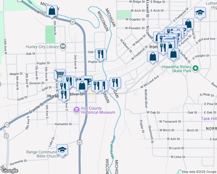 map of restaurants, bars, coffee shops, grocery stores, and more near 413 Cedar Street in Ironwood