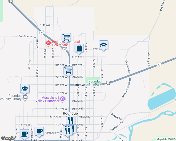 map of restaurants, bars, coffee shops, grocery stores, and more near 912 2nd Street East in Roundup
