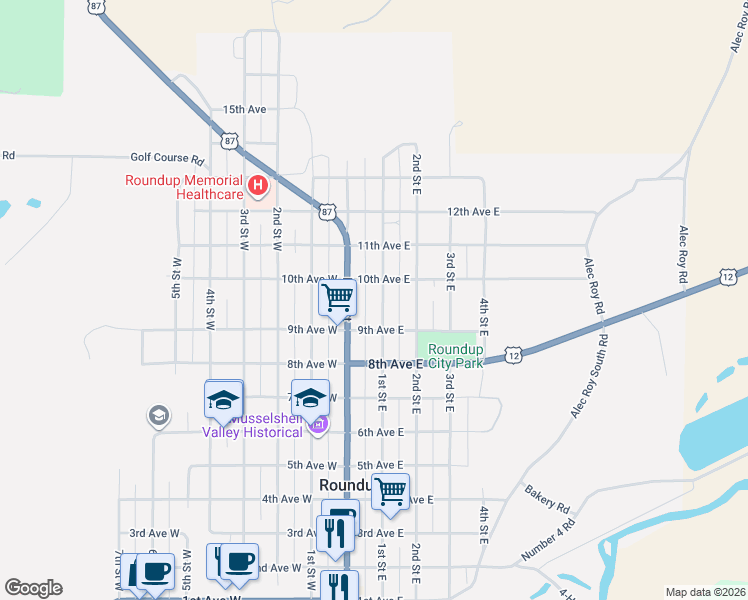 map of restaurants, bars, coffee shops, grocery stores, and more near 908 Main Street in Roundup