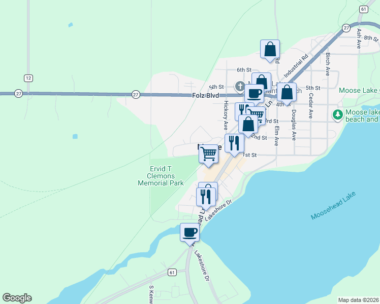 map of restaurants, bars, coffee shops, grocery stores, and more near 52-265 Hillside Terrace in Moose Lake