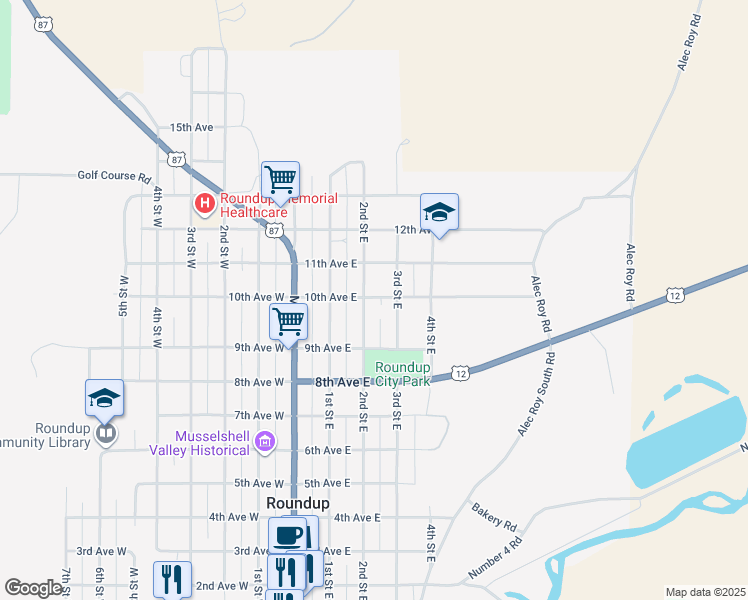 map of restaurants, bars, coffee shops, grocery stores, and more near 912 2nd Street East in Roundup