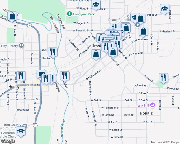 map of restaurants, bars, coffee shops, grocery stores, and more near 246 Ashland Court in Ironwood