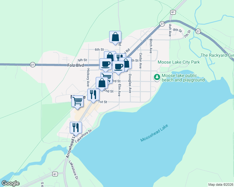 map of restaurants, bars, coffee shops, grocery stores, and more near in Moose Lake