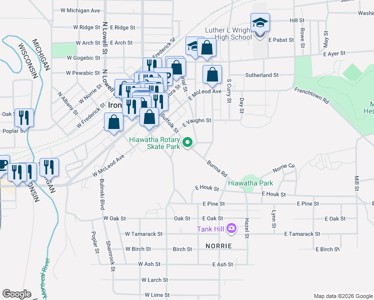 map of restaurants, bars, coffee shops, grocery stores, and more near 421-423 S Suffolk St in Ironwood