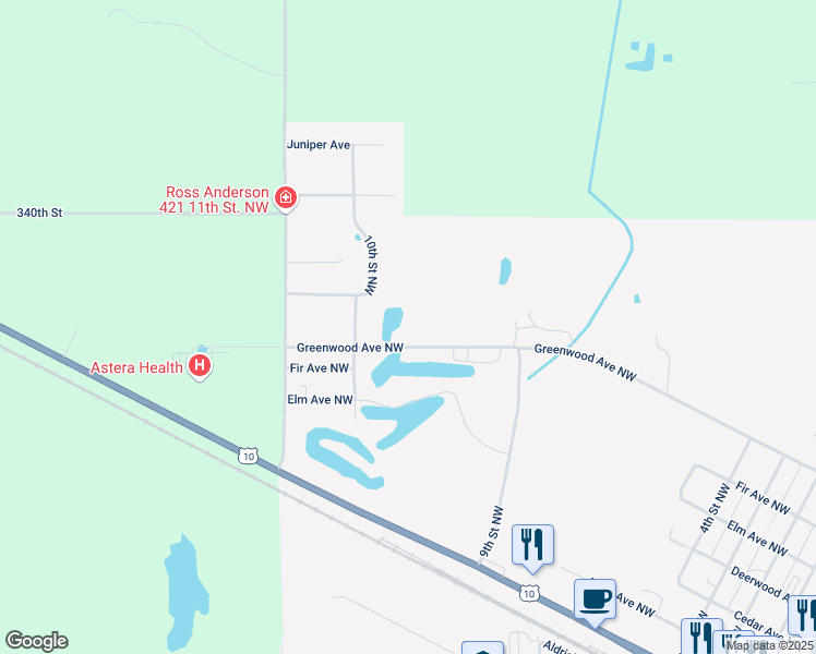 map of restaurants, bars, coffee shops, grocery stores, and more near 942 Greenwood Avenue Northwest in Wadena