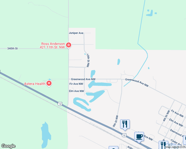 map of restaurants, bars, coffee shops, grocery stores, and more near 942 Greenwood Avenue Northwest in Wadena