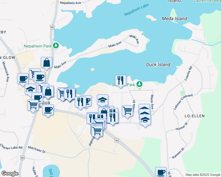 map of restaurants, bars, coffee shops, grocery stores, and more near 148 Stewart Drive in Sudbury