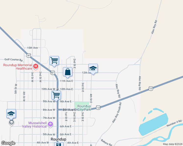 map of restaurants, bars, coffee shops, grocery stores, and more near 12th Avenue East in Roundup