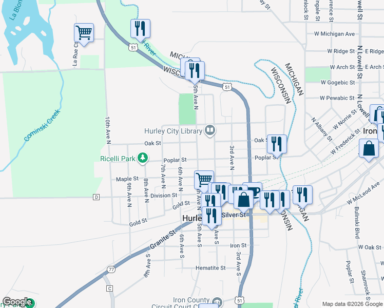 map of restaurants, bars, coffee shops, grocery stores, and more near 410 Poplar Street in Hurley