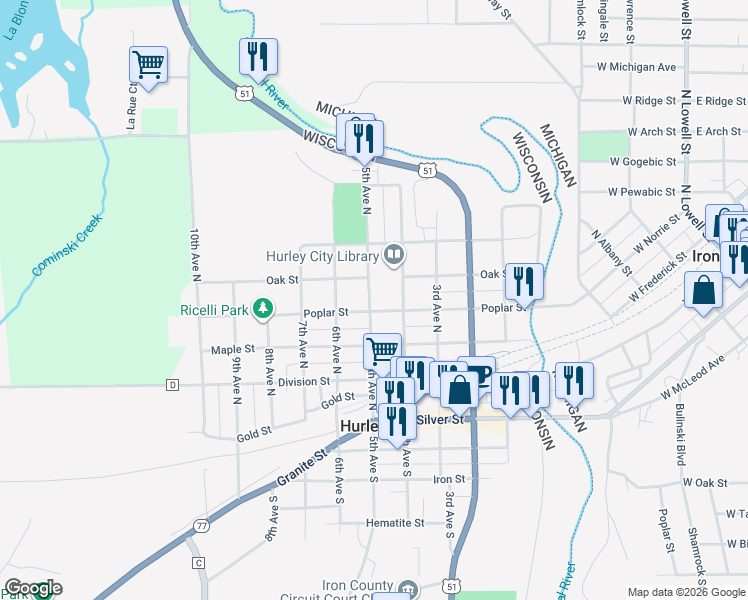 map of restaurants, bars, coffee shops, grocery stores, and more near 410 Poplar St in Hurley
