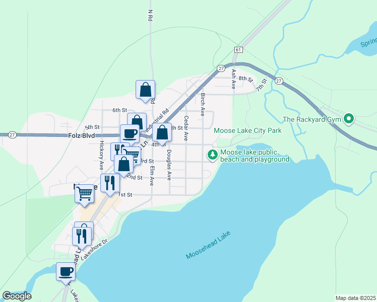 map of restaurants, bars, coffee shops, grocery stores, and more near 317 Cedar Avenue in Moose Lake