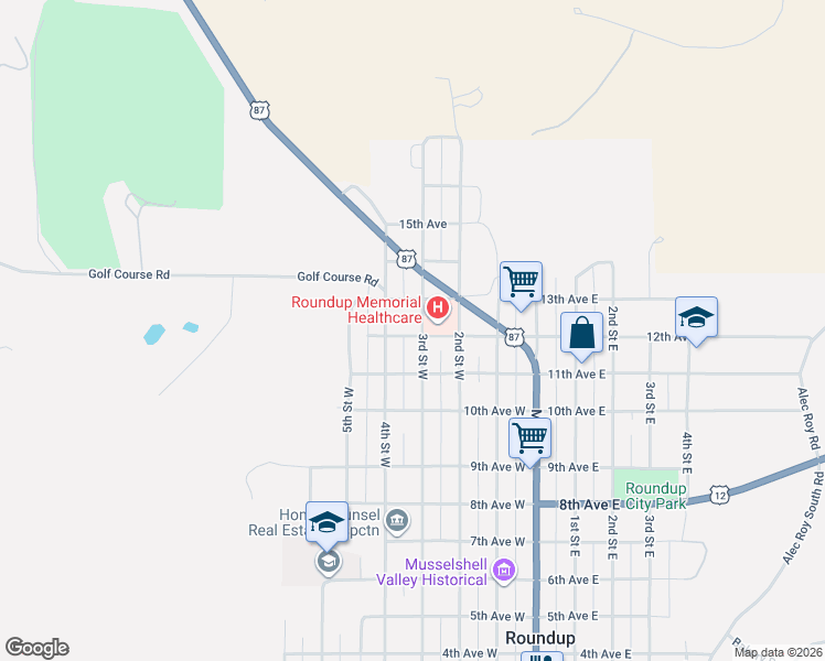 map of restaurants, bars, coffee shops, grocery stores, and more near 115 12th Ave W in Roundup