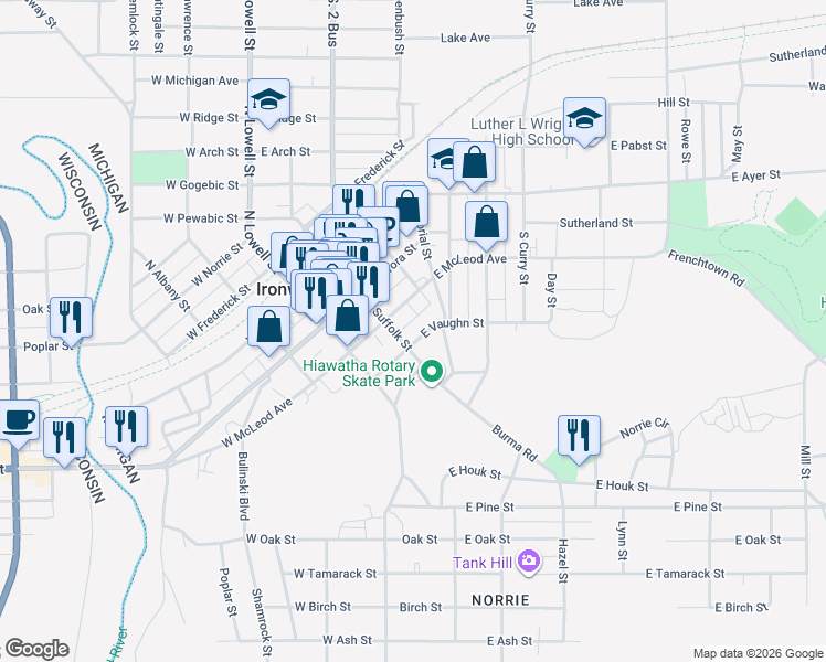 map of restaurants, bars, coffee shops, grocery stores, and more near 208 East Vaughn Street in Ironwood