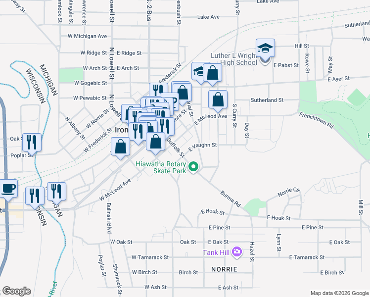 map of restaurants, bars, coffee shops, grocery stores, and more near 208 East Vaughn Street in Ironwood