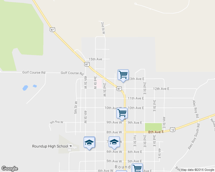 map of restaurants, bars, coffee shops, grocery stores, and more near 1202 2nd Street West in Roundup