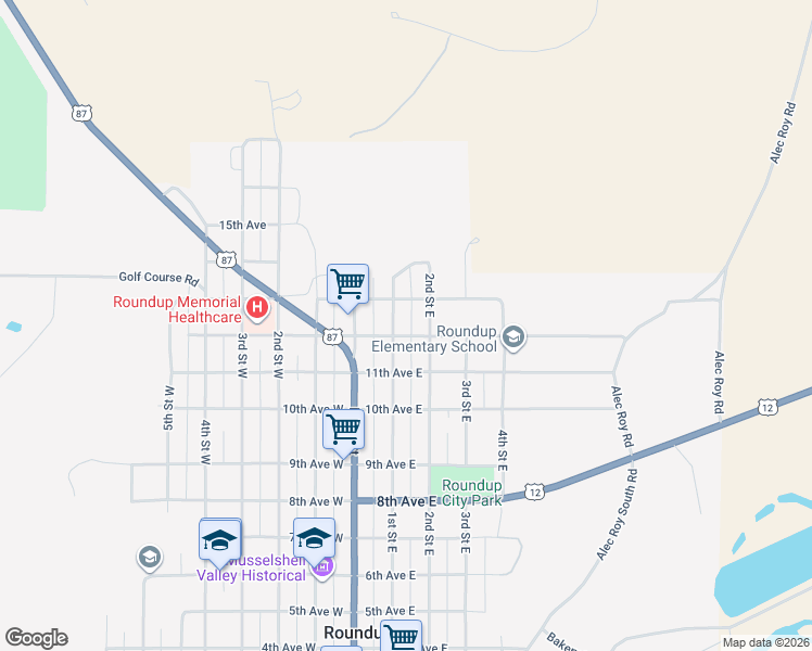map of restaurants, bars, coffee shops, grocery stores, and more near 1202 1st Street East in Roundup