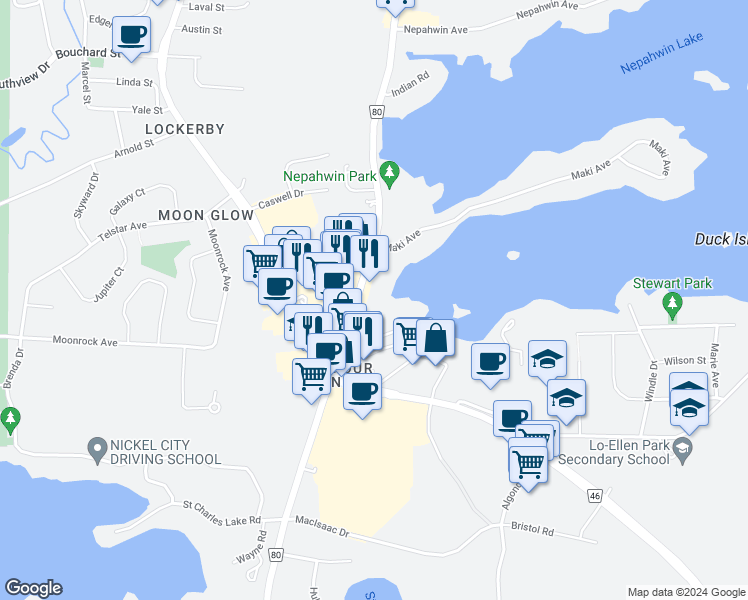 map of restaurants, bars, coffee shops, grocery stores, and more near 1904 Paris Street in Greater Sudbury