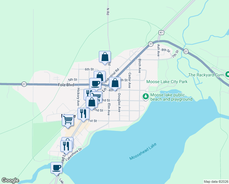 map of restaurants, bars, coffee shops, grocery stores, and more near in Moose Lake