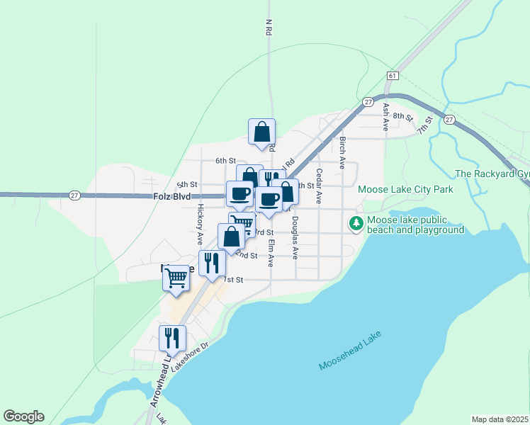 map of restaurants, bars, coffee shops, grocery stores, and more near in Moose Lake