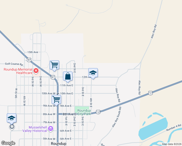 map of restaurants, bars, coffee shops, grocery stores, and more near 12th Ave E in Roundup