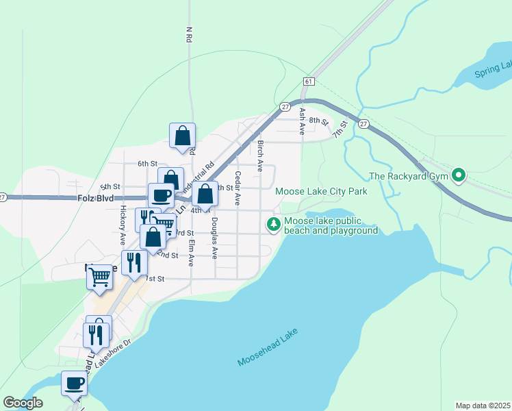 map of restaurants, bars, coffee shops, grocery stores, and more near 317 Cedar Avenue in Moose Lake