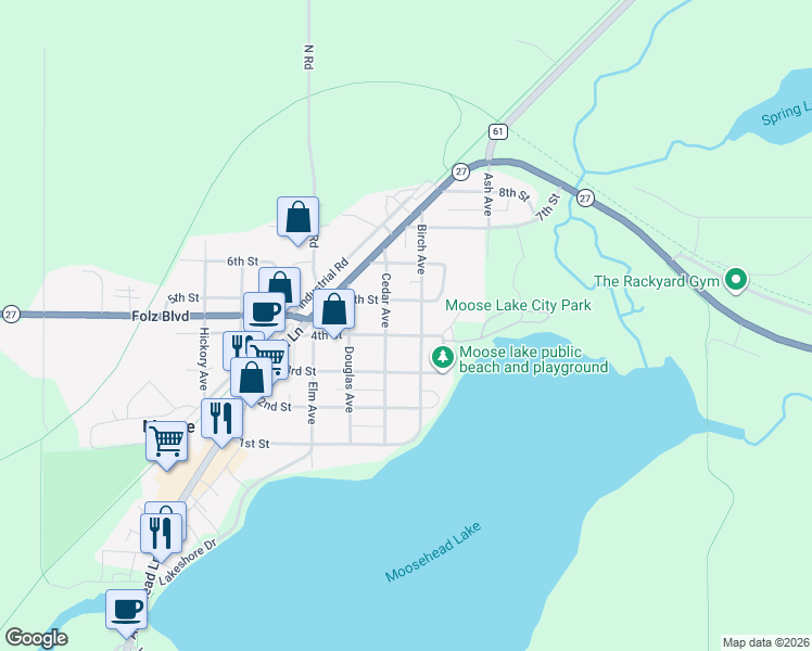 map of restaurants, bars, coffee shops, grocery stores, and more near 317 Cedar Avenue in Moose Lake